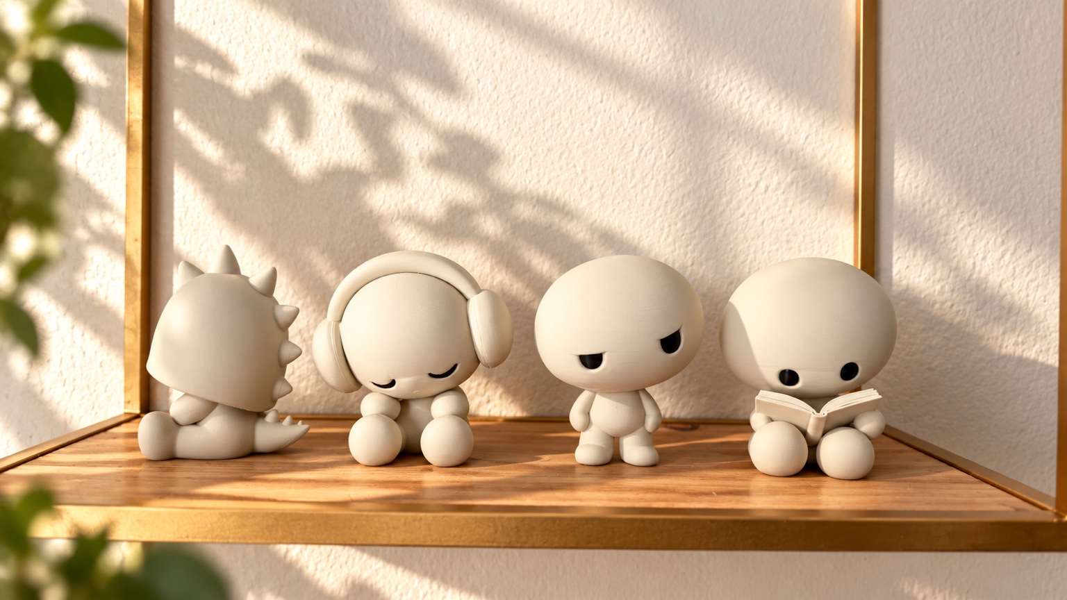 Dino, EarBudz, Skeptik, and Bookworm together on a shelf