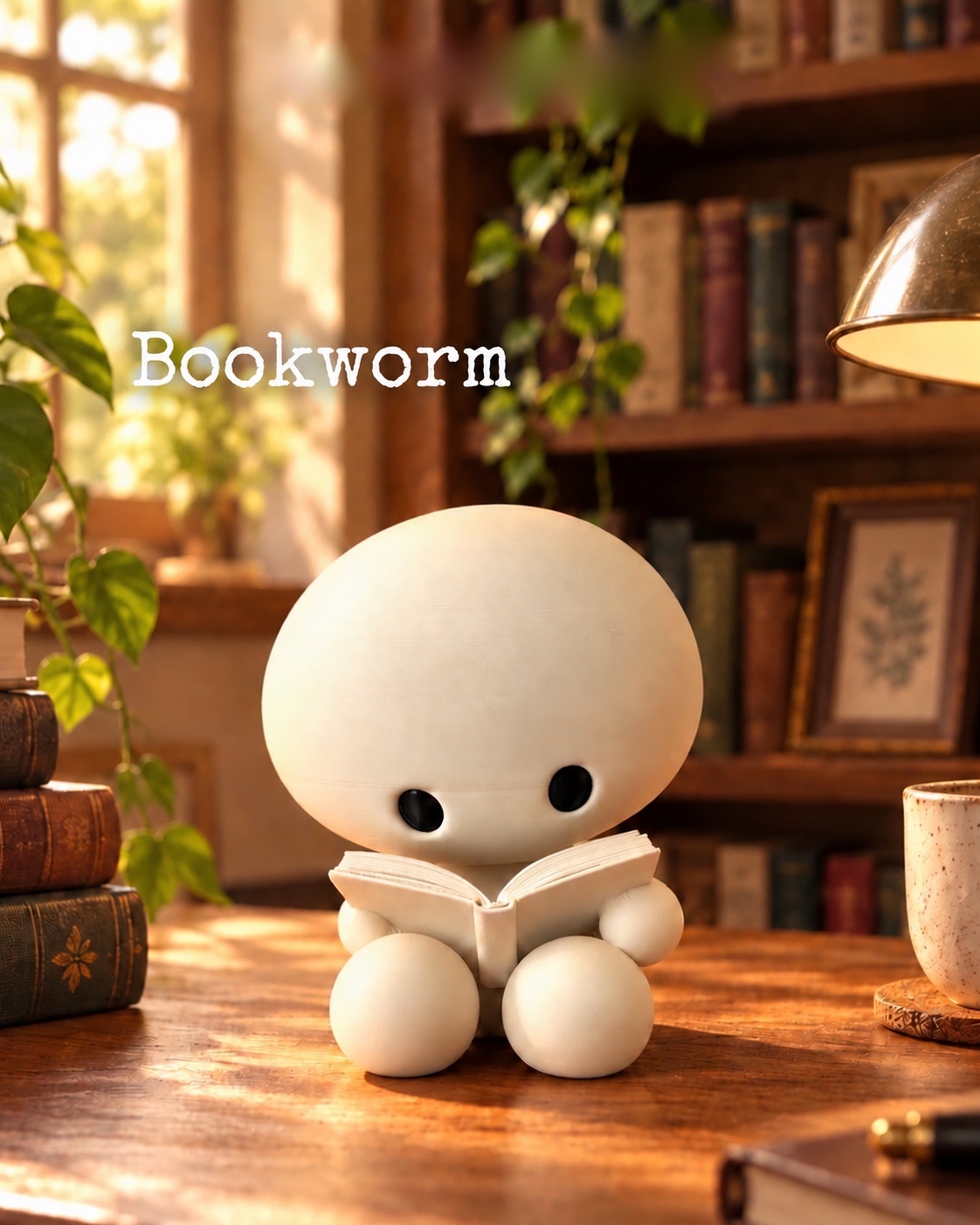 Bookworm product photo, seated with an open book