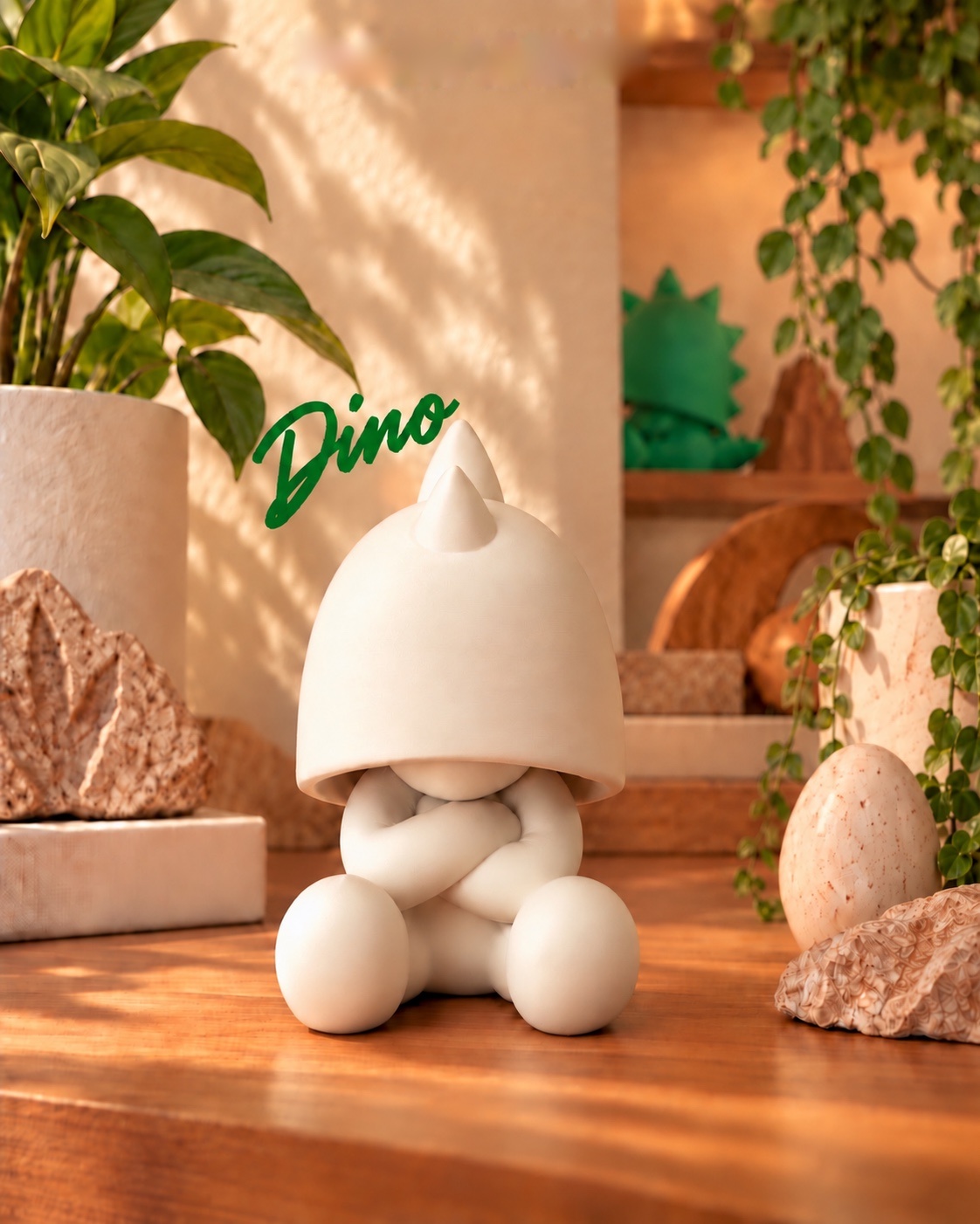 Dino product photo, seated in a dinosaur hood