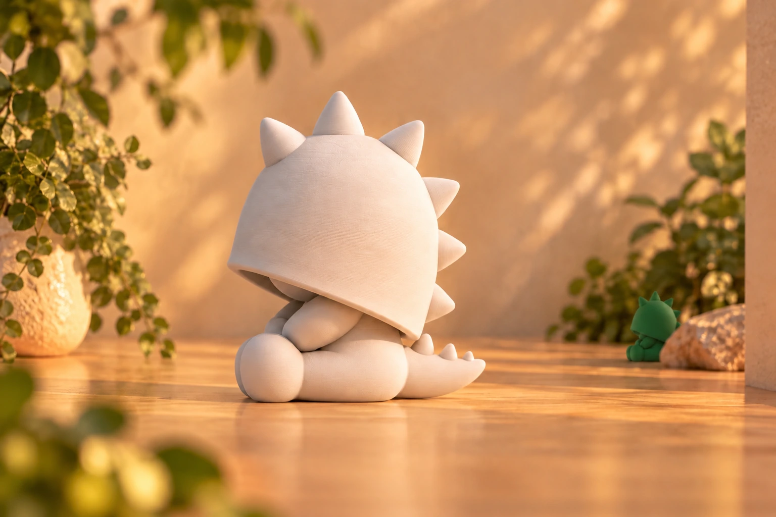 Dino character concept, seated with a dinosaur hood