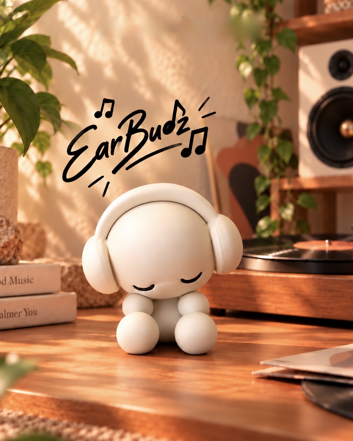 EarBudz product photo, seated with headphones