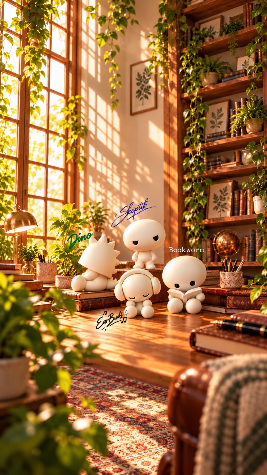 Dino, EarBudz, Skeptik, and Bookworm together in a warm library scene