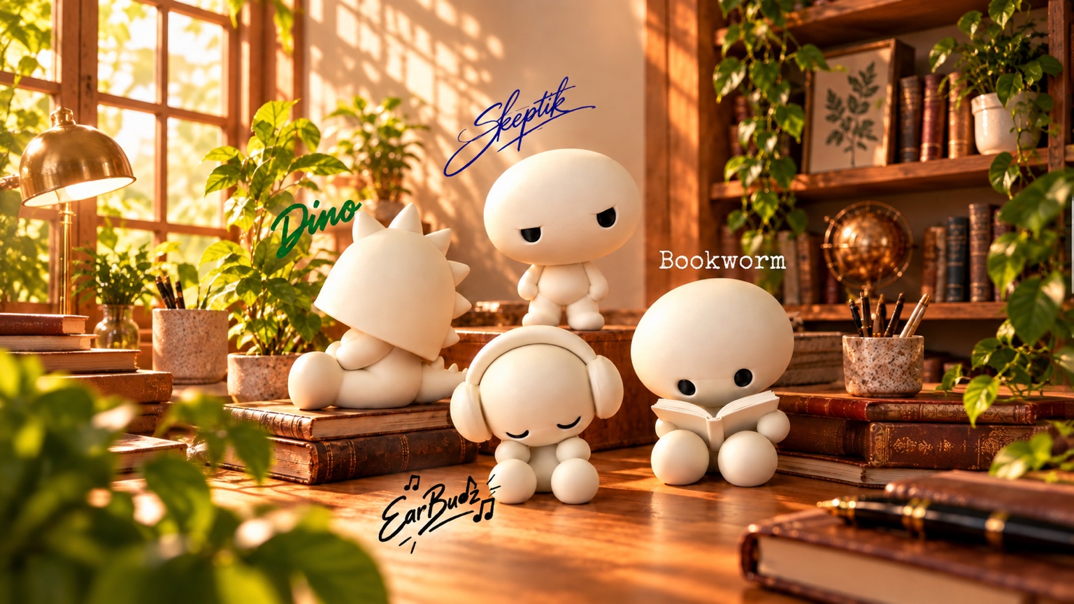 Dino, EarBudz, Skeptik, and Bookworm together in a warm library scene