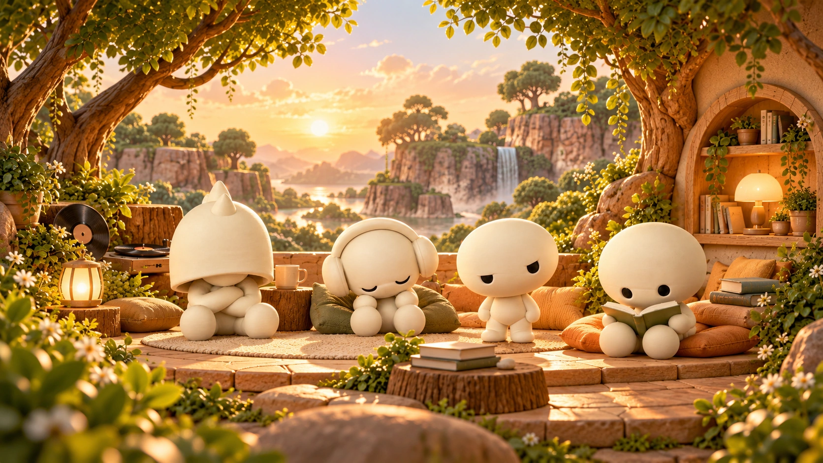 Dino, EarBudz, Skeptik, and Bookworm relaxing together in their warm, tree-filled world at sunset
