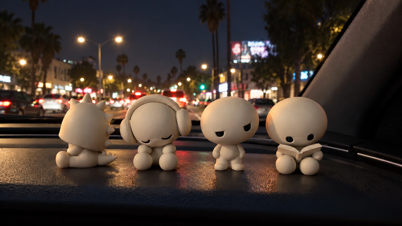 Dino, EarBudz, Skeptik, and Bookworm together on a dashboard at night